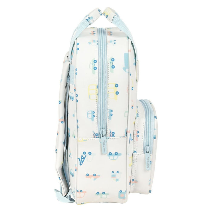 Mochila Escolar Safta Veículos Branco Azul Claro